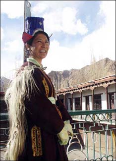 A local villager, Dechen Angmo, in traditional Ladakhi dress.