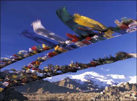 Tibetan prayer flags overlooking Leh palace: prayer flags are traditionally strung along mountain ridges and peaks in the Himalayas and the wind transports blessings to benefit all sentient beings.