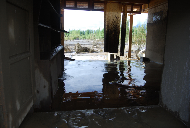The principal's office|<b>The mudslide tore away the timber leading to the assembly courtyard</b>