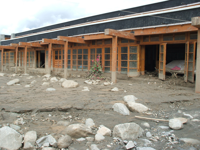 Mud and boulders in the junior courtyard