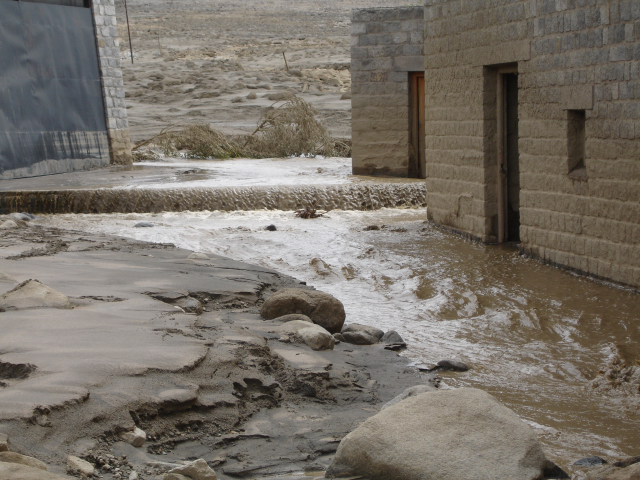 Water gushing into the campus from the east